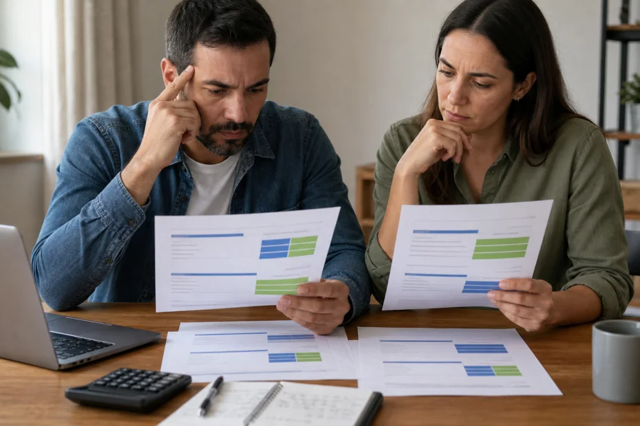 Pareja comparando cuatro propuestas de préstamos personales