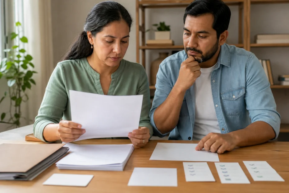 Persona organizando documentos para una evaluación financiera