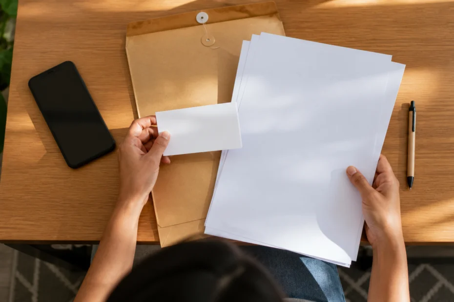 Persona organizando documentos para una evaluación financiera