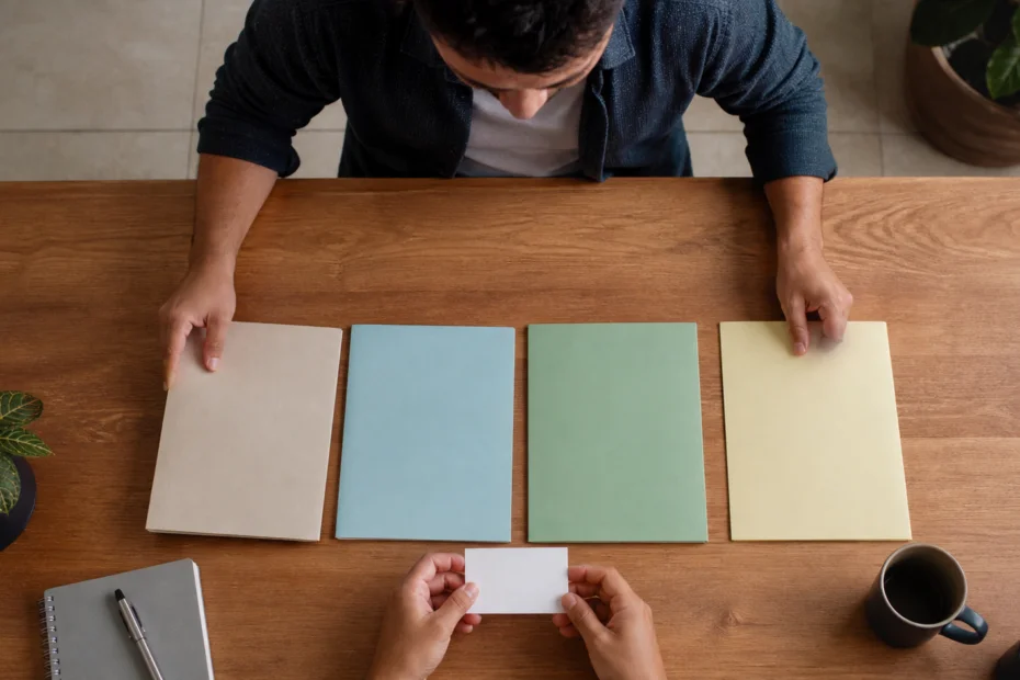 Persona organizando documentos para una evaluación financiera