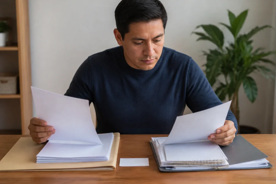Persona organizando documentos para una evaluación financiera