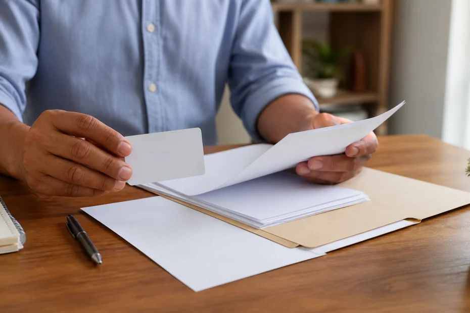 Persona organizando documentos para una evaluación financiera