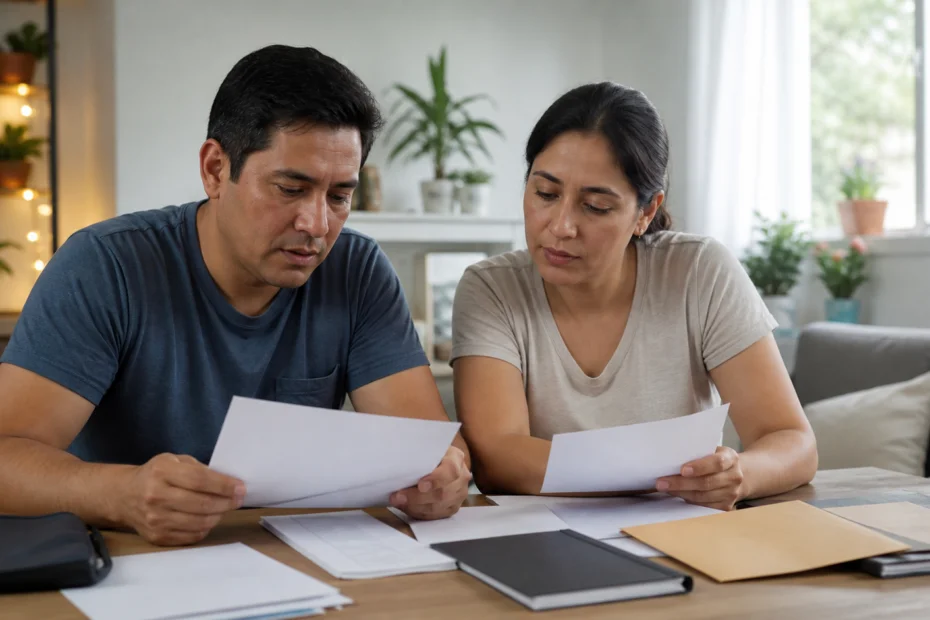 Persona organizando documentos para una evaluación financiera
