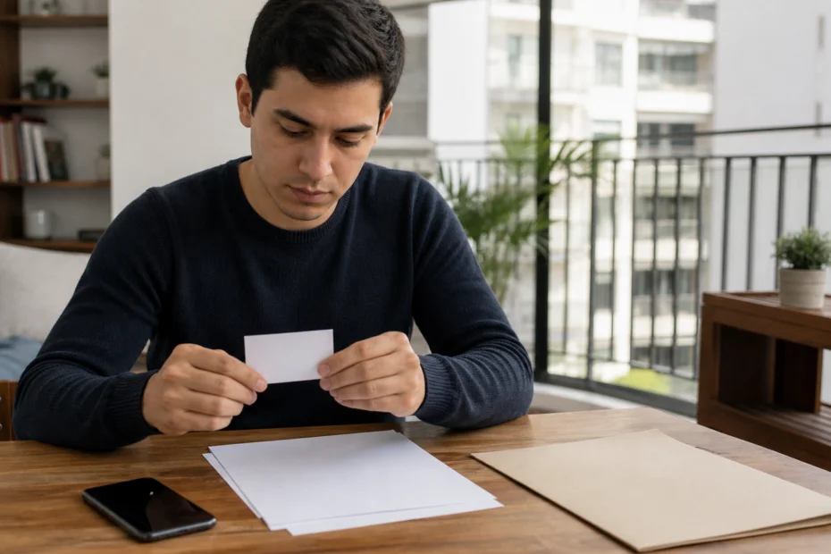 Persona organizando documentos para una evaluación financiera