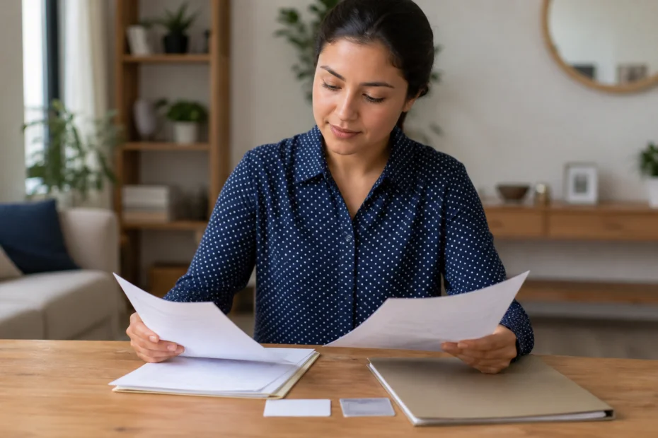 Persona organizando documentos para una evaluación financiera